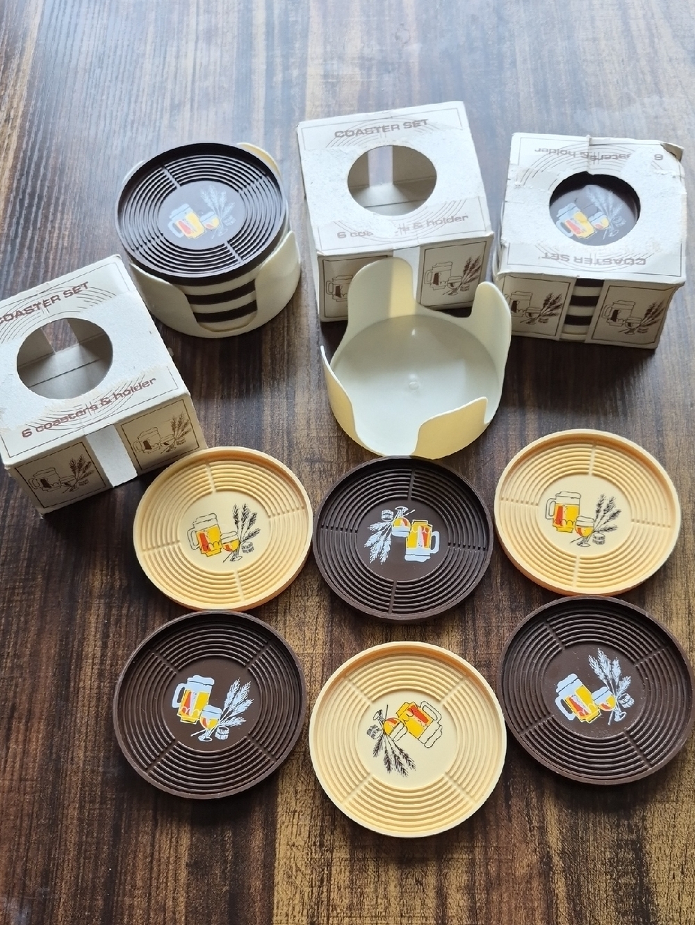 Vintage 3 Beer Motif Coaster Sets  - Brown & Cream